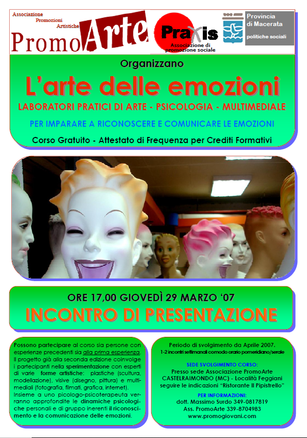 Progetto PROMOGIOVANI: L’Arte delle Emozioni – Laboratori sociali di Scultura, Comunicazione Multimediale, Psicologia
